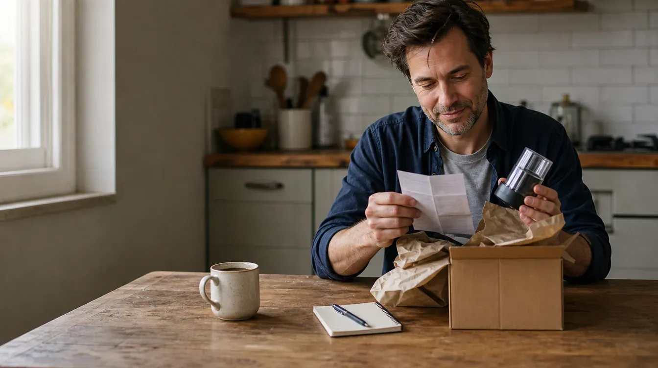 Man at a kitchen table unboxing a small product sent for review