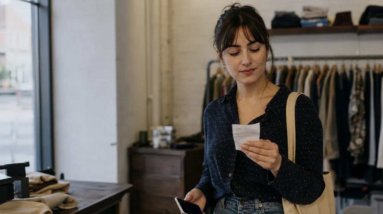 Shopper holding a receipt and her phone at a store checkout