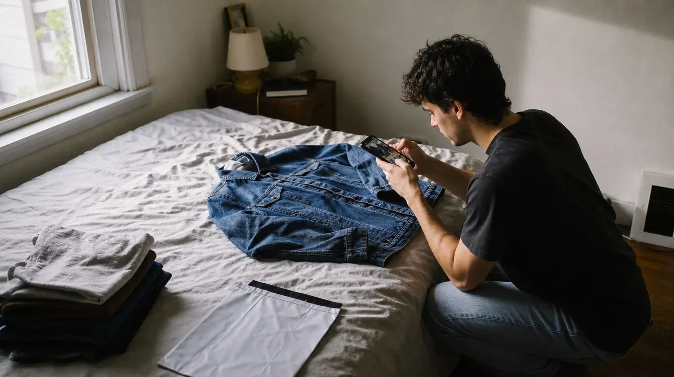 Young man photographing a denim jacket on his bed to resell it