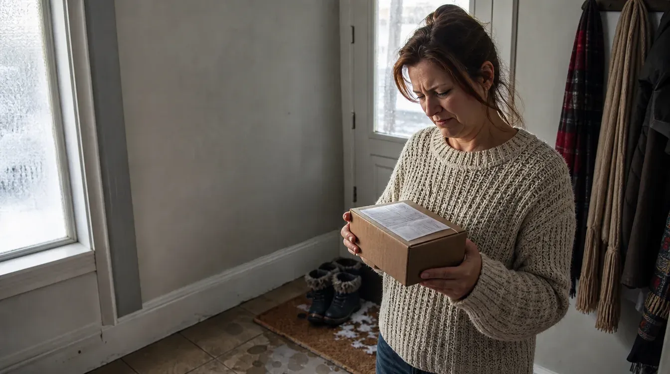 Woman in a winter entryway reading the customs slip on a parcel
