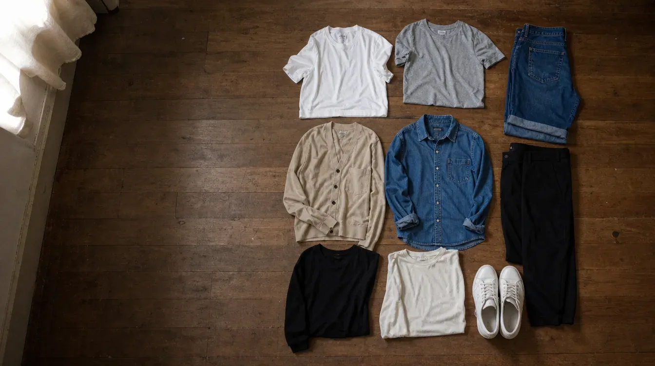 Flat lay of about ten basic garments forming a small capsule wardrobe