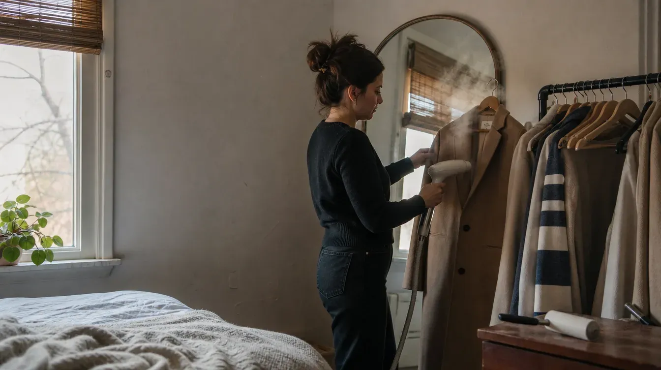 Woman steaming a camel coat next to a mirror