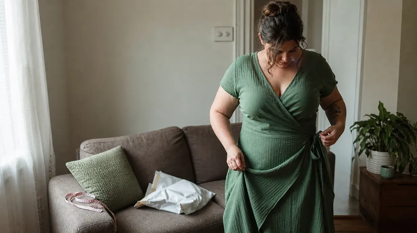 Plus-size woman trying on a wrap dress at home after an online order