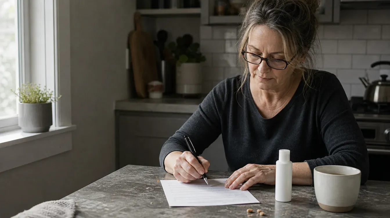 Woman filling in a feedback form next to a product she is testing