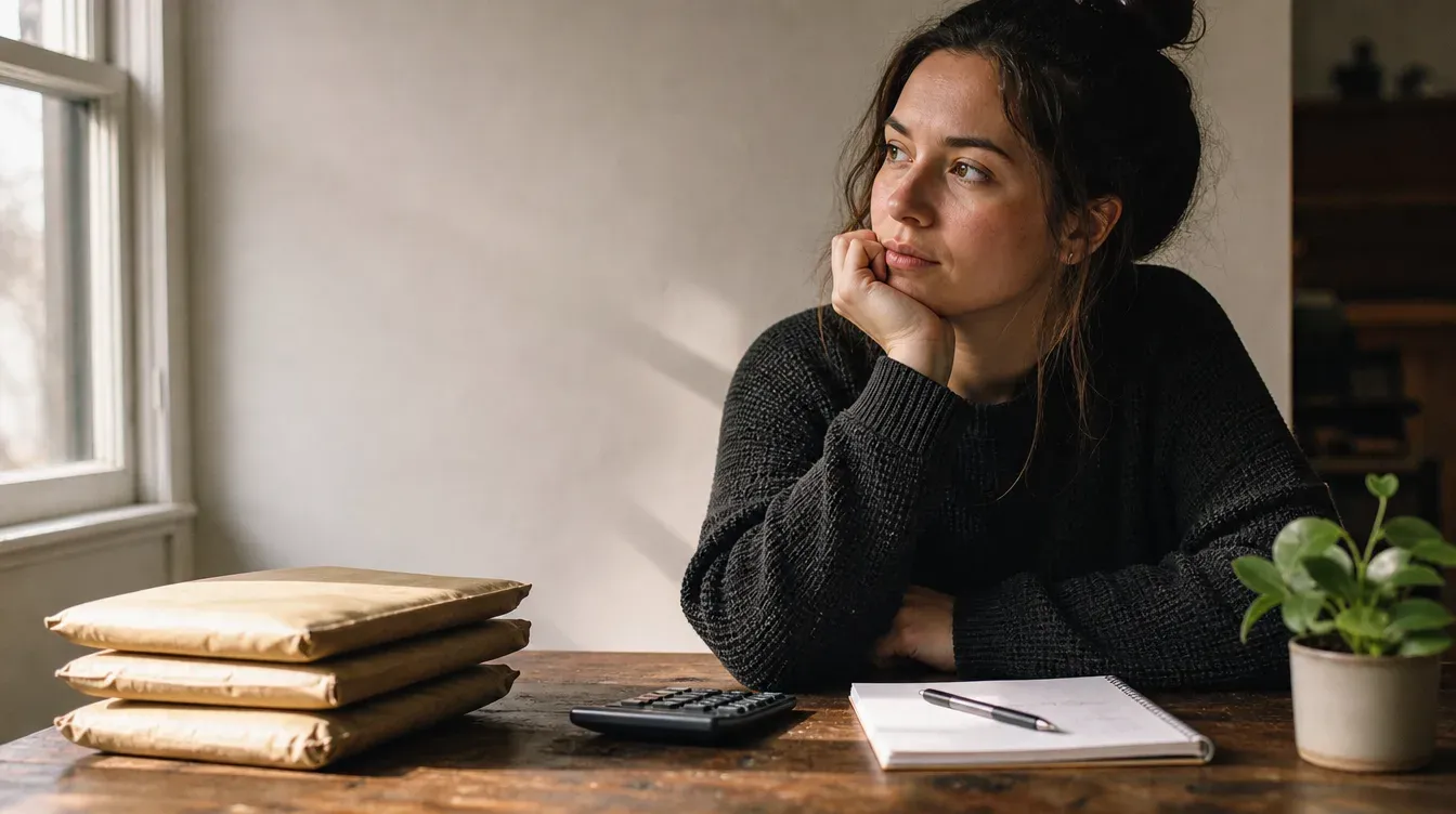 Person at a desk with a calculator and a stack of past order mailers