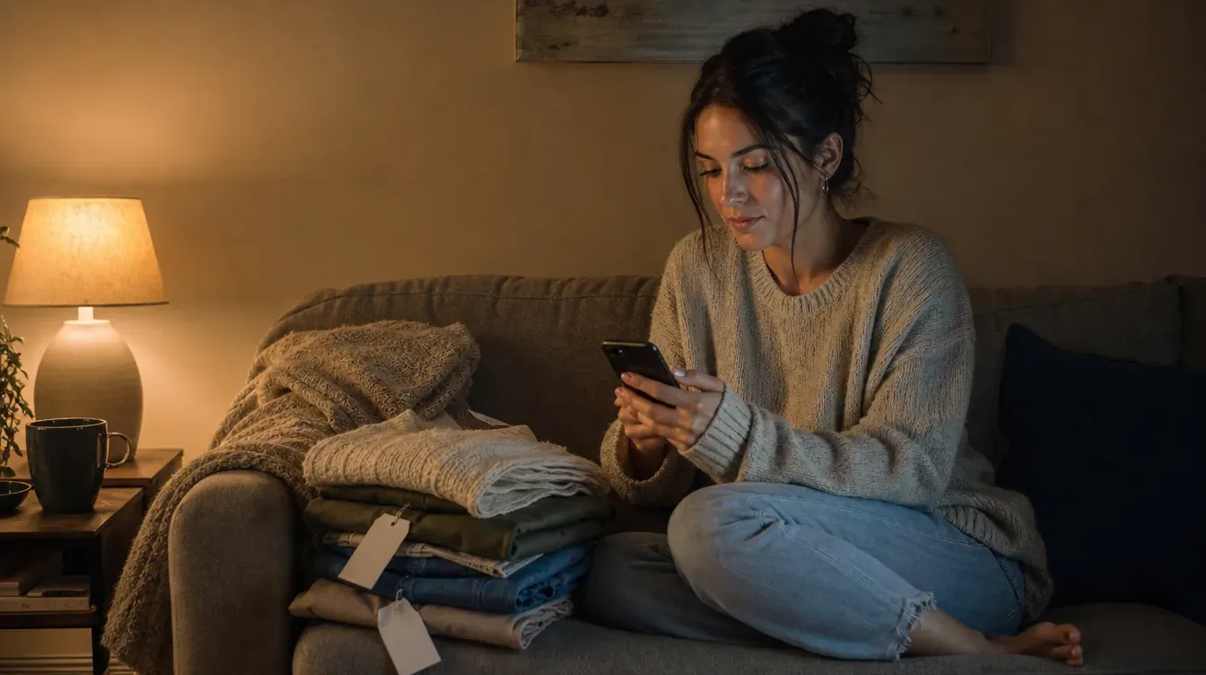 Woman on a sofa with her phone and a stack of new clothes