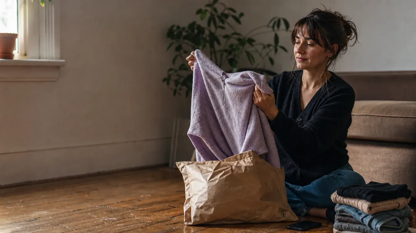 Woman on a wooden floor opening a mailer and lifting a knit top