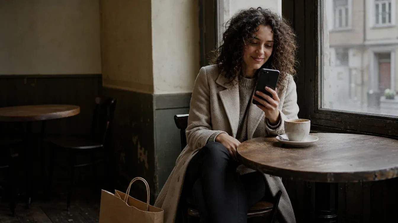 Woman at a café table checking her phone with a shopping bag at her feet