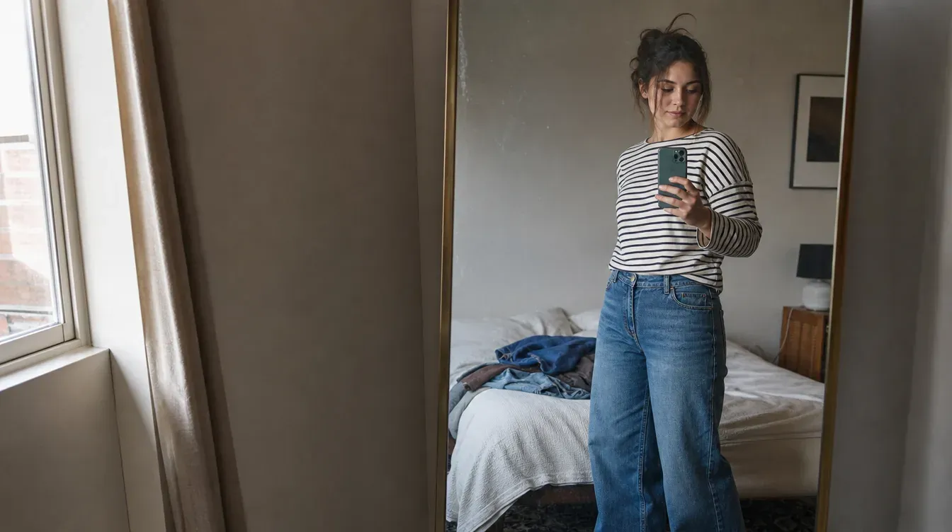 Young woman photographing her outfit in a mirror for a product review