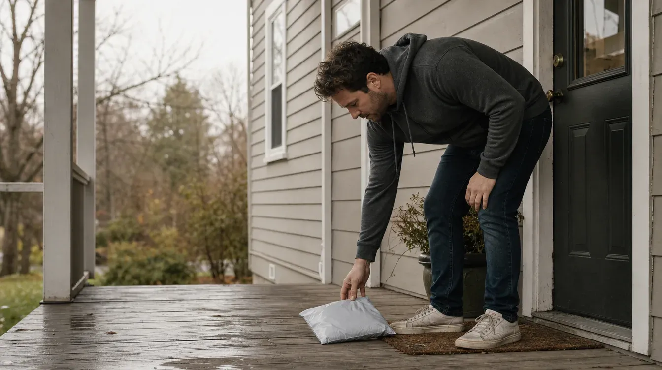 Man picking up a parcel from his front porch