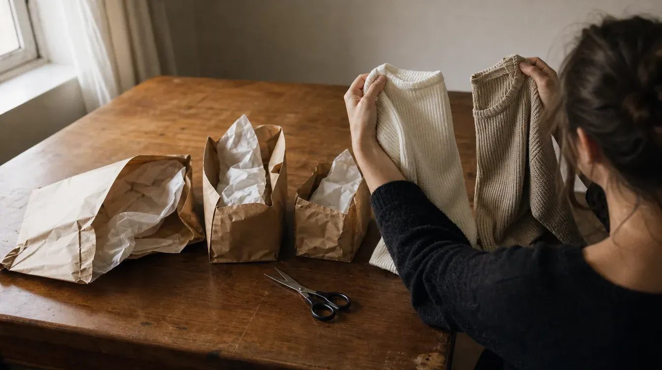 Hands comparing two similar tops taken from three opened parcels
