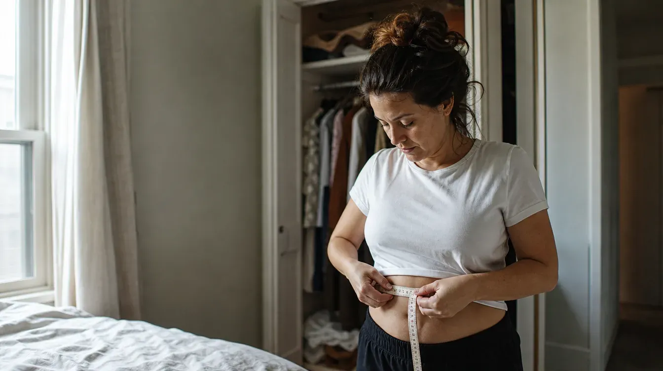 Woman measuring her waist with a soft tape measure
