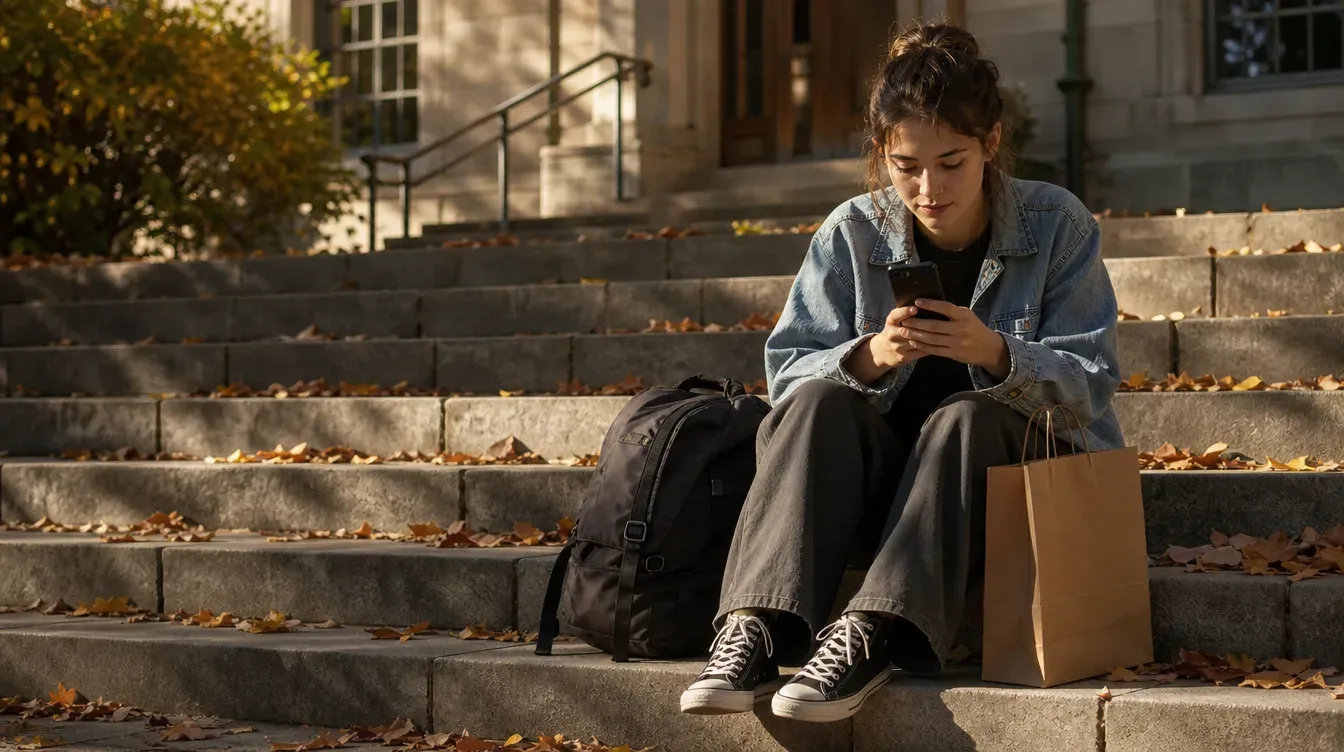 Student sitting on campus steps with a backpack and a shopping bag
