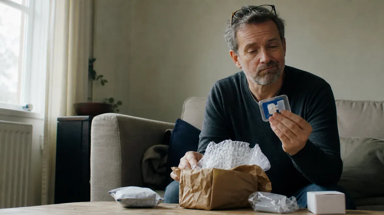 Man opening a small parcel with a cheap gadget inside